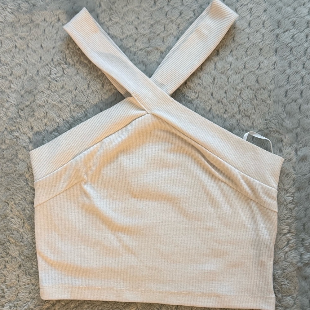 White ribbed cross neck halter crop top size Small casual going out tank